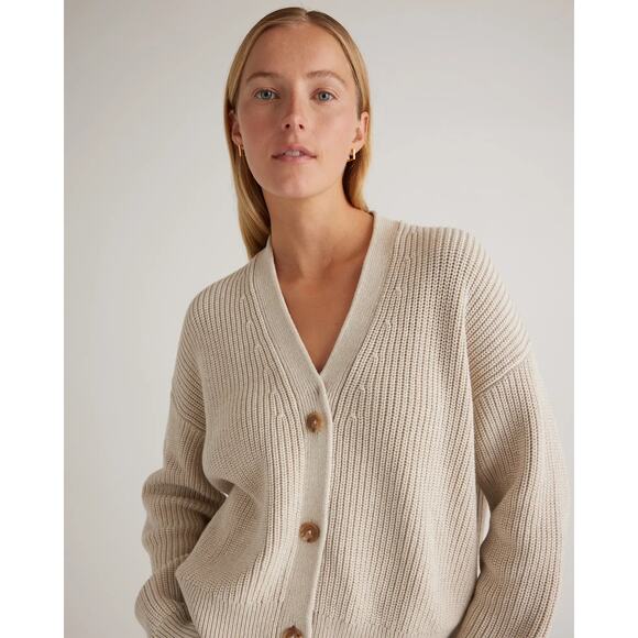 Quince XS 100% Organic Cotton Fisherman Boxy Cropped Cardigan Speckled Beige - Picture 3 of 11